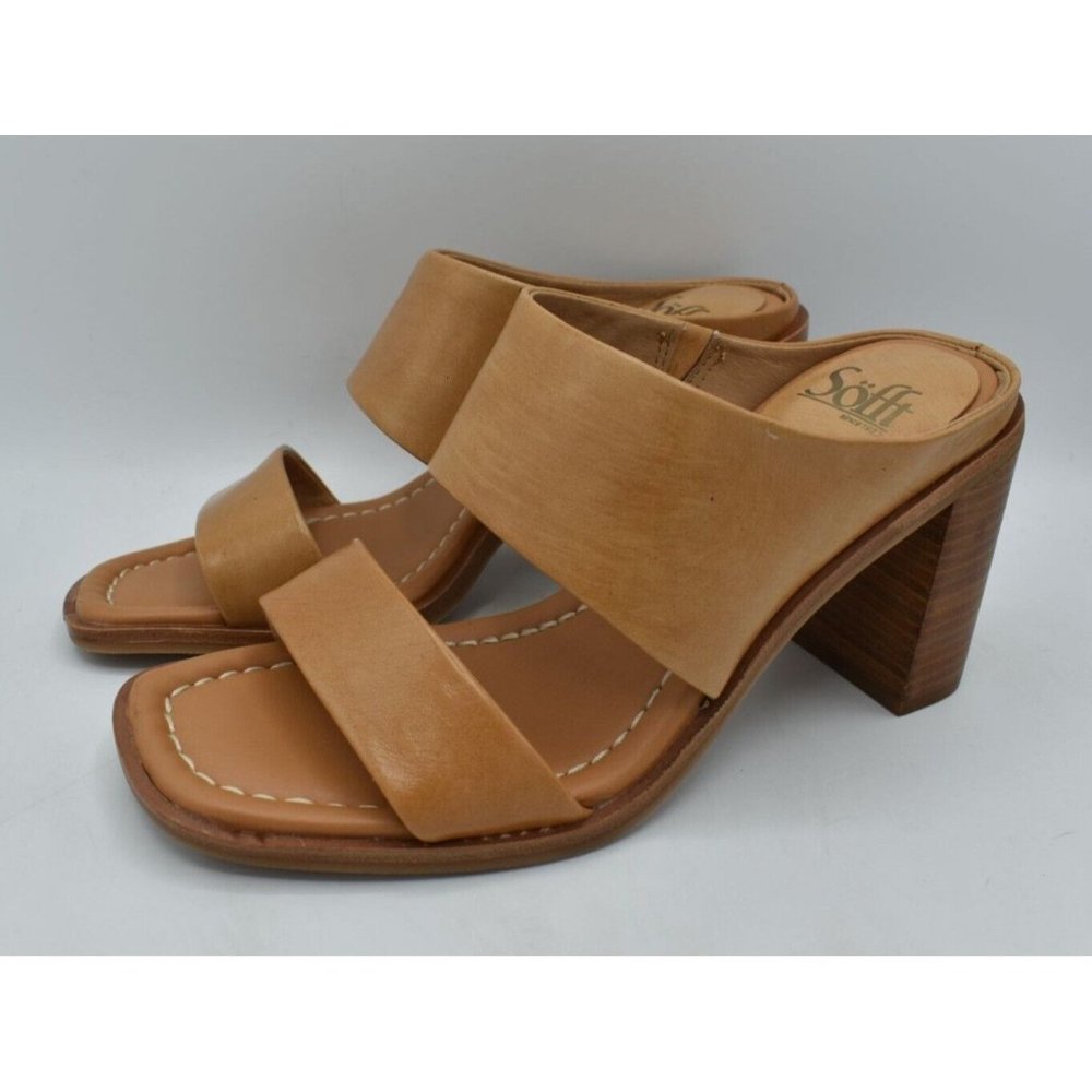 Sofft Womens Size 8.5 Sheila Caramel Tan Leather Heeled Slip On Open Toe Sandals